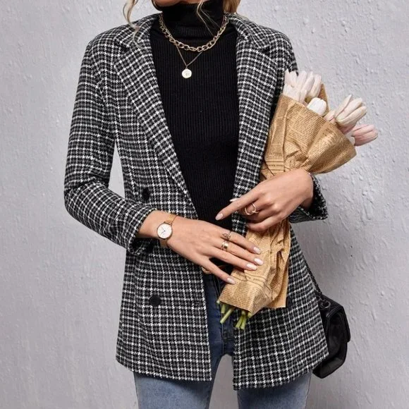 double breasted houndstooth & plaid print blazer chic - Picture 2 of 5